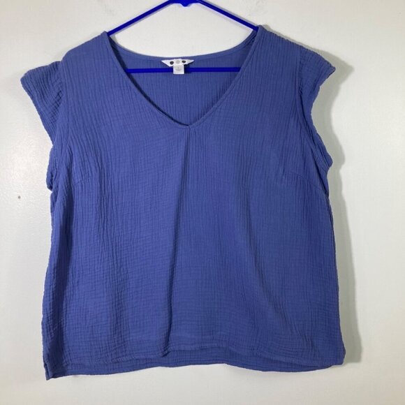 Womens 3 Dots Cotton Waffle V Neck Cap Sleeve Top Blue L - Picture 1 of 5